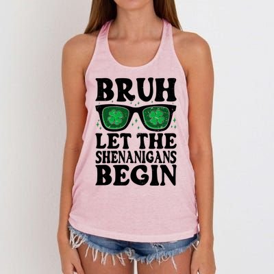 St Patricks Day Bruh Let The Shenanigans Begin Shamrock Clover Sun Glasses Women's Knotted Racerback Tank