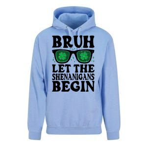 St Patricks Day Bruh Let The Shenanigans Begin Shamrock Clover Sun Glasses Unisex Surf Hoodie