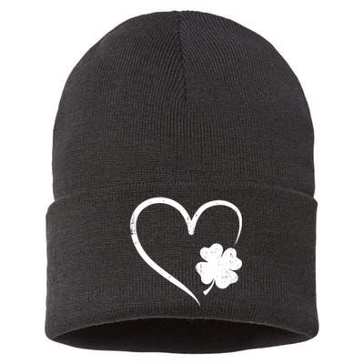 St Patricks day love with heart and shamrock clover Sustainable Knit Beanie