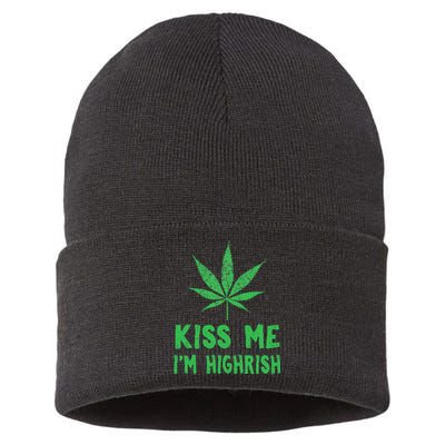 Saint Patrick's Day Kiss Me I'm Highrish Funny Gift Sustainable Knit Beanie