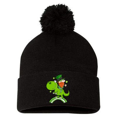 St. Patricks Day Leprechaun Riding A Dinosaur Shamrock Pom Pom 12in Knit Beanie