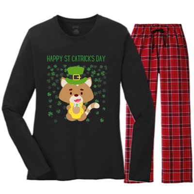 St Patricks Day Funny Cat Lovers Happy St Catricks Day Women's Long Sleeve Flannel Pajama Set 