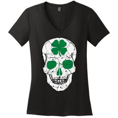 St Patrick's Day Clover Skull Women's V-Neck T-Shirt