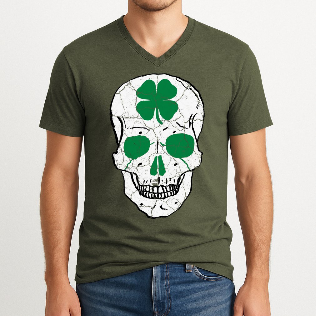 St Patrick's Day Clover Skull V-Neck T-Shirt