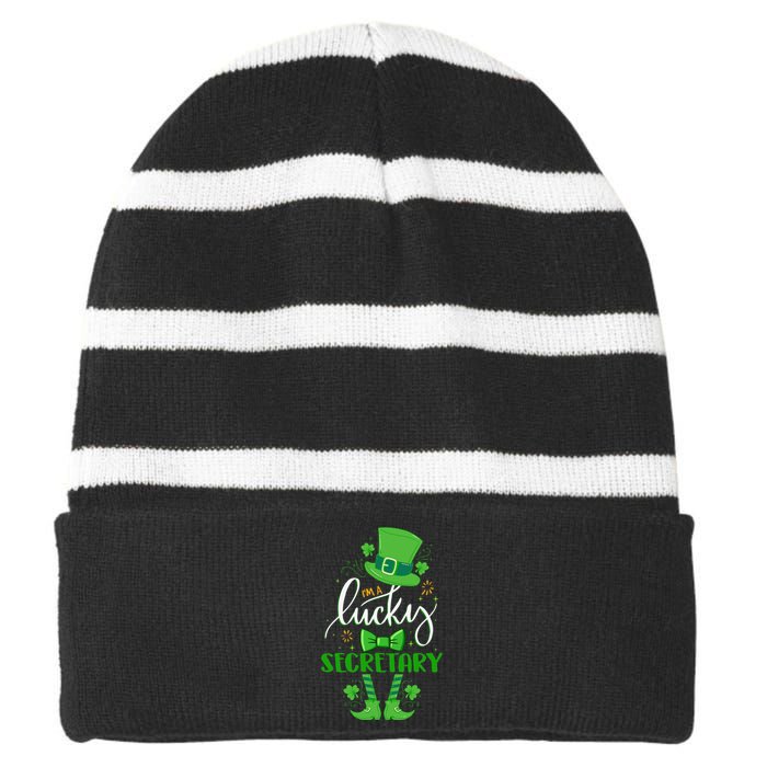 Saint Patrick's Day Leprechaun I'm A Lucky Secretary Gift Striped Beanie with Solid Band