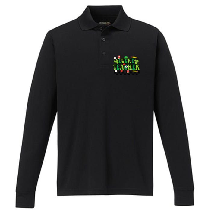 St Patricks Day Lucky Teacher Saint Paddys Groovy Performance Long Sleeve Polo