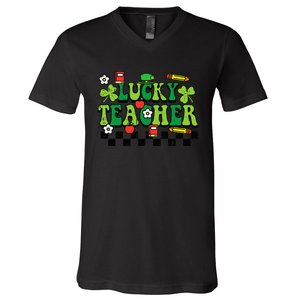 St Patricks Day Lucky Teacher Saint Paddys Groovy V-Neck T-Shirt