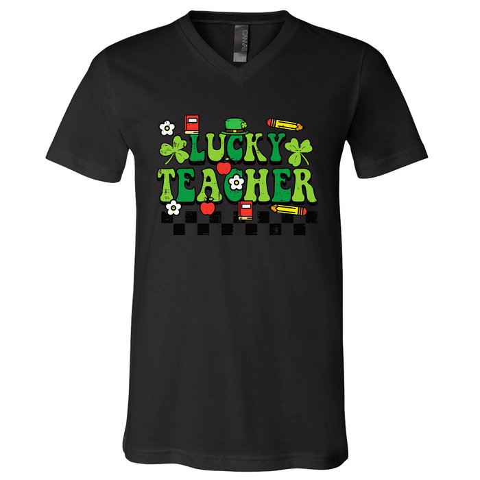 St Patricks Day Lucky Teacher Saint Paddys Groovy V-Neck T-Shirt