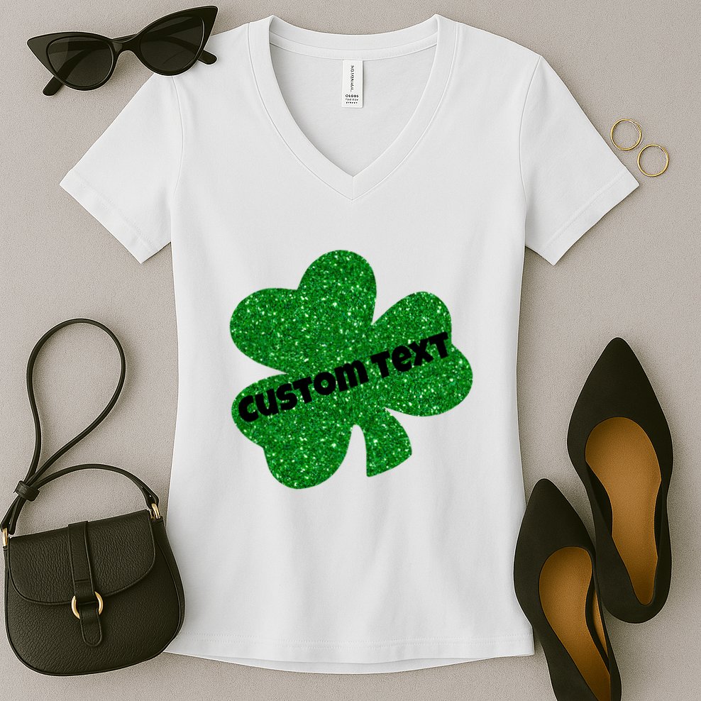 St. Patrick's Day Teacher Ms Mrs Personalized Name Green Glitter Women's V-Neck T-Shirt