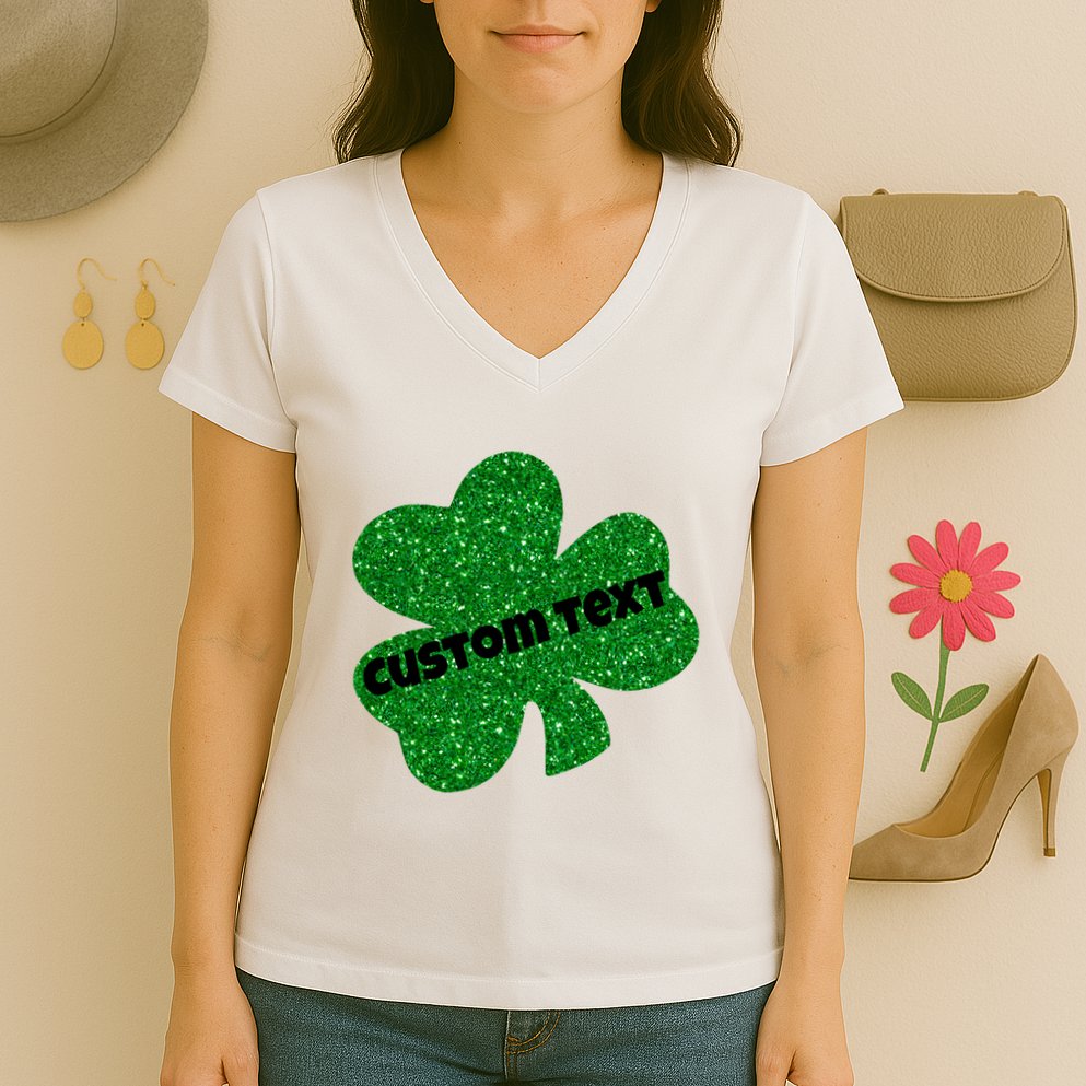 St. Patrick's Day Teacher Ms Mrs Personalized Name Green Glitter Women's V-Neck T-Shirt