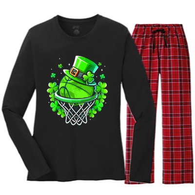 St Patricks Day Shamrock Basketball Irish Leprechaun Women's Long Sleeve Flannel Pajama Set 