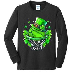 St Patricks Day Shamrock Basketball Irish Leprechaun Kids Long Sleeve Shirt