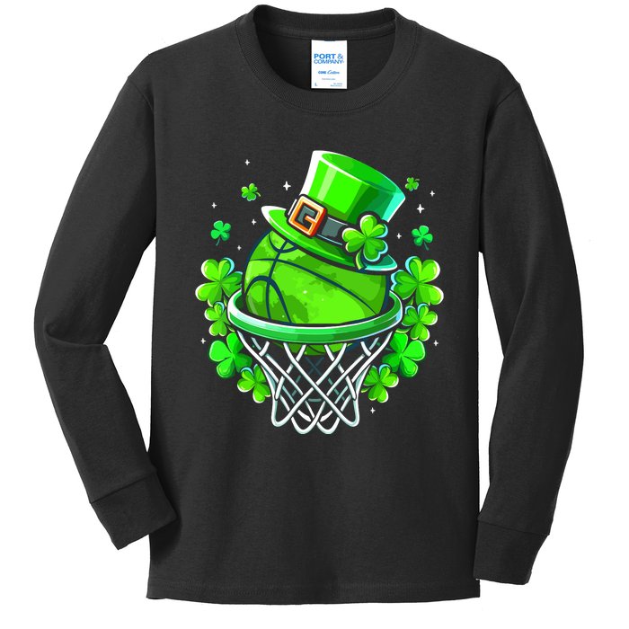 St Patricks Day Shamrock Basketball Irish Leprechaun Kids Long Sleeve Shirt