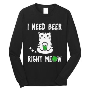 Saint Patrick's Day I Need Beer Right Meow Cat Long Sleeve Shirt