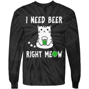 Saint Patrick's Day I Need Beer Right Meow Cat Tie-Dye Long Sleeve Shirt