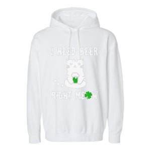 Saint Patrick's Day I Need Beer Right Meow Cat Garment-Dyed Fleece Hoodie