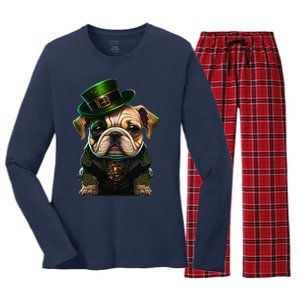 St Patricks Day Irish Bulldog Cute St Pattys Day Bulldog Women's Long Sleeve Flannel Pajama Set 