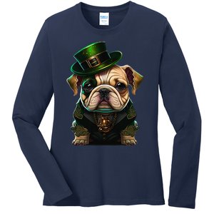 St Patricks Day Irish Bulldog Cute St Pattys Day Bulldog Ladies Long Sleeve Shirt