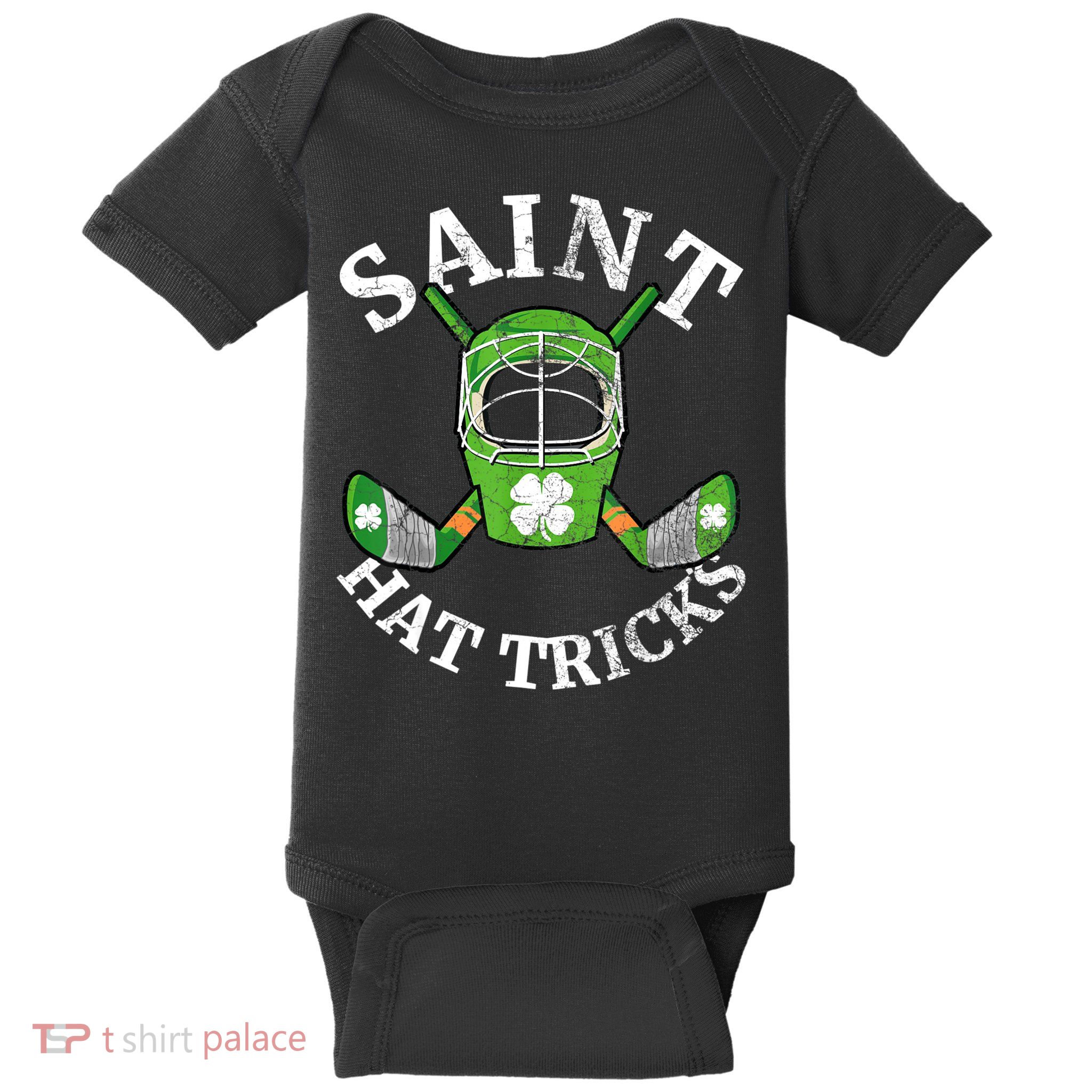 St Patricks Day Saint Hat Tricks Hockey Shamrock Kids Boys Baby Bodysuit
