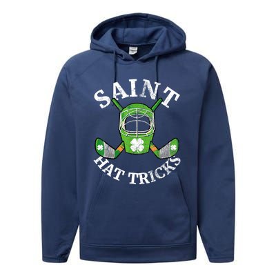 St Patricks Day Saint Hat Tricks Hockey Shamrock Kids Boys Performance Fleece Hoodie