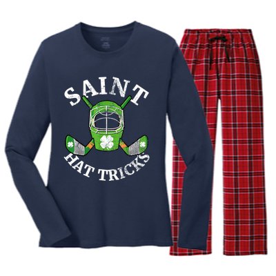 St Patricks Day Saint Hat Tricks Hockey Shamrock Kids Boys Women's Long Sleeve Flannel Pajama Set 