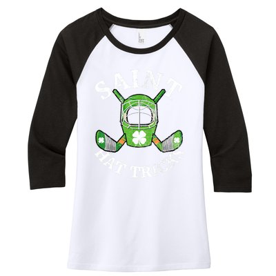 St Patricks Day Saint Hat Tricks Hockey Shamrock Kids Boys Women's Tri-Blend 3/4-Sleeve Raglan Shirt