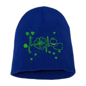 St Patrick`s Day Irish Heartbeat Lucky Cloverleaf Nurse Gift Short Acrylic Beanie