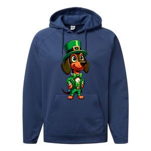 St. Patricks Day Cute Dachshund Dog Leprechaun Weiner Dog Lover Gift Performance Fleece Hoodie