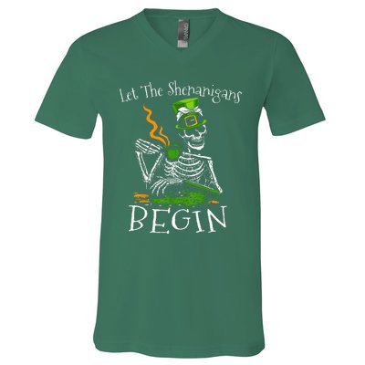 St Patricks Day Skeleton Let Shenanigans Begin V-Neck T-Shirt