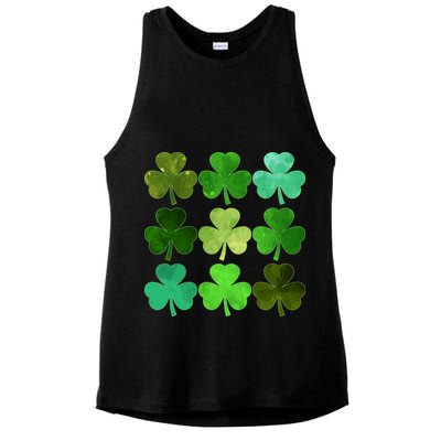 St Patricks Day Lucky Watercolor Shamrocks Ladies PosiCharge Tri-Blend Wicking Tank