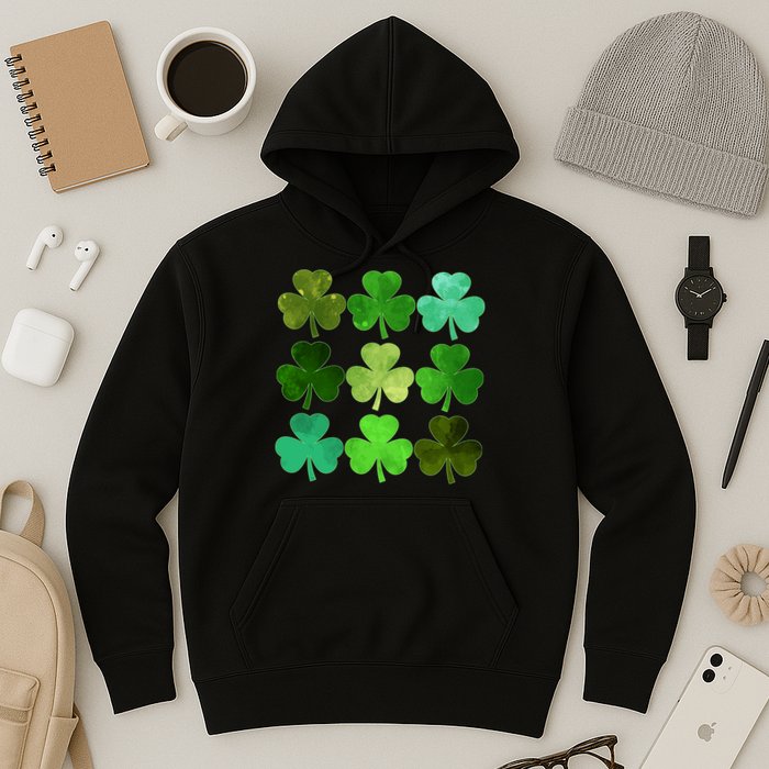 St Patricks Day Lucky Watercolor Shamrocks Hoodie
