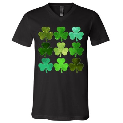 St Patricks Day Lucky Watercolor Shamrocks V-Neck T-Shirt
