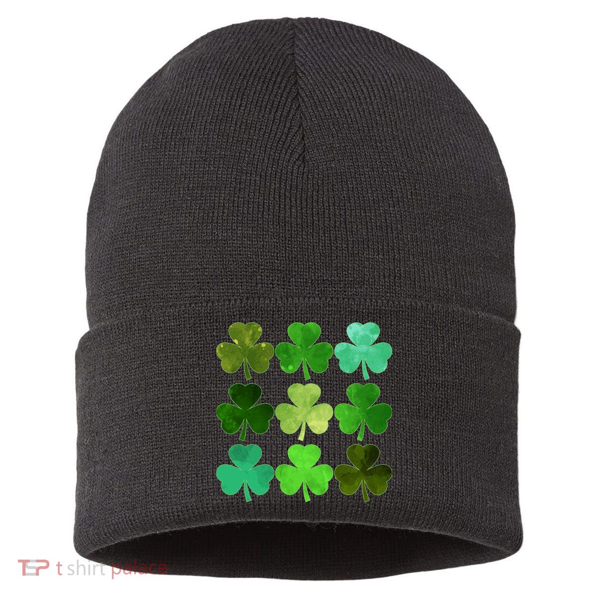St Patricks Day Lucky Watercolor Shamrocks Sustainable Knit Beanie