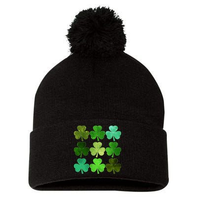 St Patricks Day Lucky Watercolor Shamrocks Pom Pom 12in Knit Beanie