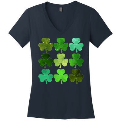 St Patricks Day Lucky Watercolor Shamrocks Women's V-Neck T-Shirt