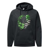 St Patricks Day Shamrock American Flag Retro Performance Fleece Hoodie