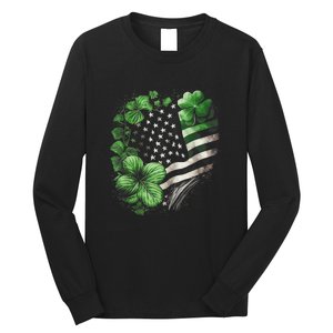 St Patricks Day Shamrock American Flag Retro Long Sleeve Shirt