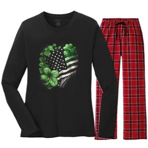 St Patricks Day Shamrock American Flag Retro Women's Long Sleeve Flannel Pajama Set 