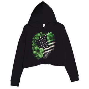 St Patricks Day Shamrock American Flag Retro Crop Fleece Hoodie