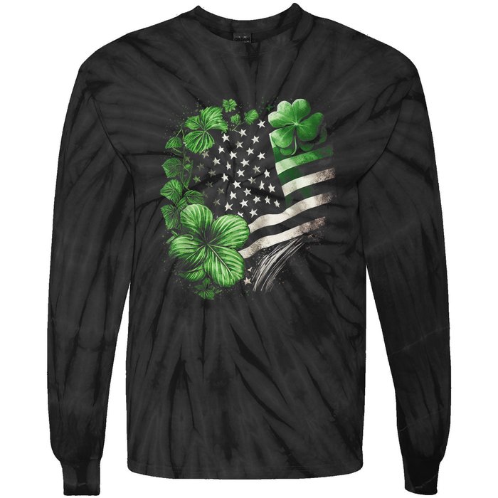 St Patricks Day Shamrock American Flag Retro Tie-Dye Long Sleeve Shirt