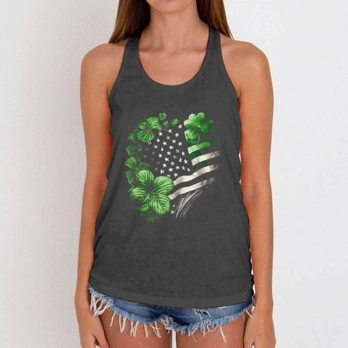 St Patricks Day Shamrock American Flag Retro Women's Knotted Racerback Tank