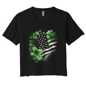 St Patricks Day Shamrock American Flag Retro Women's Crop Top Tee