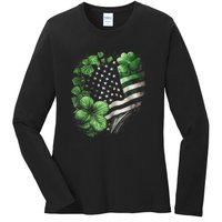 St Patricks Day Shamrock American Flag Retro Ladies Long Sleeve Shirt