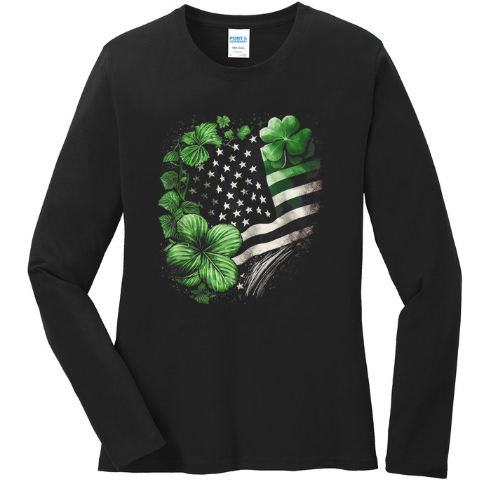 St Patricks Day Shamrock American Flag Retro Ladies Long Sleeve Shirt