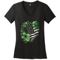 St Patricks Day Shamrock American Flag Retro Women's V-Neck T-Shirt