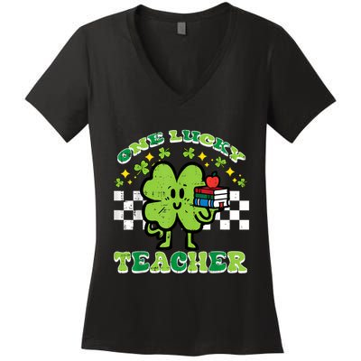 St Patrick Day Shamrock One Lucky Teacher Retro Saint Pattys Women's V-Neck T-Shirt