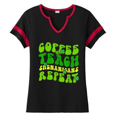 St Patrick's Day Coffee Teach Shenanigans Repeat Ladies Halftime Notch Neck Tee