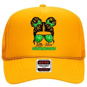 St Patrick's Day Messy Bun Little Miss Shenanigans Funny Gift High Crown Mesh Back Trucker Hat