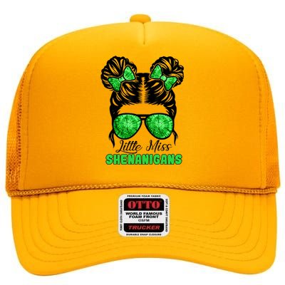 St Patrick's Day Messy Bun Little Miss Shenanigans Funny Gift High Crown Mesh Back Trucker Hat