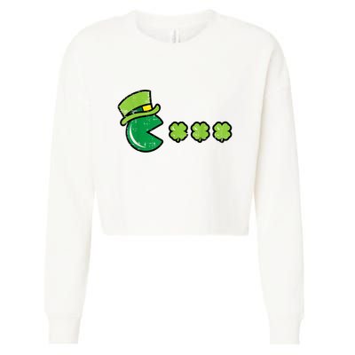 St Patricks Day Eating Shamrock Retro Gamer Cropped Pullover Crew
